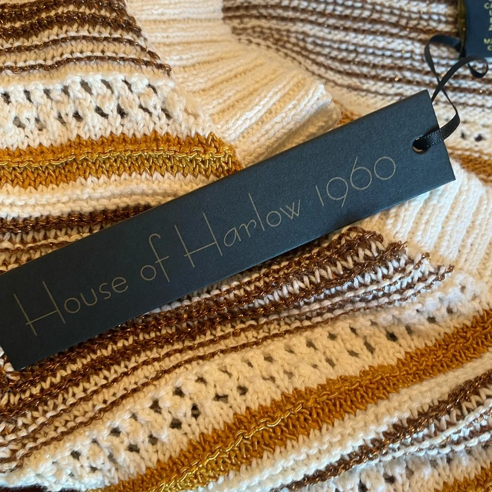 House of Harlow 1960 Puff Sleeve Cropped Neutral Striped Knit Cardigan Sโฆ - Picture 16 of 16